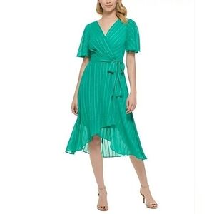 Tommy Hilfiger Ella Gauze Dobby Striped Faux Wrap Dress Parakeet Green - Size 14